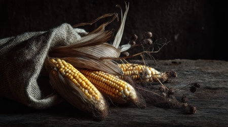 Rustic still life with corn cobs on dark wooden surface.の素材