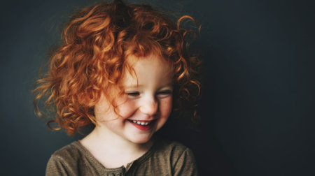 Joyful redhead caucasian child smiling against dark background.の素材