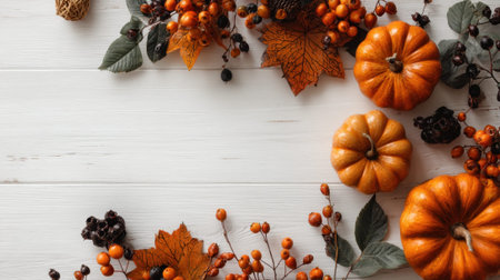 Autumn harvest scene with pumpkins and leaves on rustic wooden table.の素材