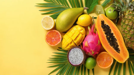 Assorted tropical fruits on yellow background with palm leaves.の素材