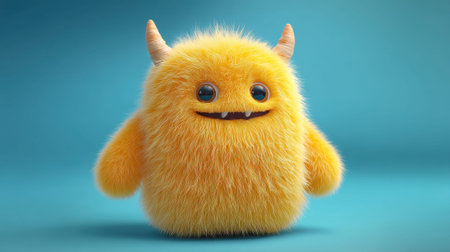 Smiling yellow furry monster with horns on blue background.の素材