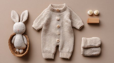 Cozy knit baby outfit with plush rabbit and accessories on beige background.の素材