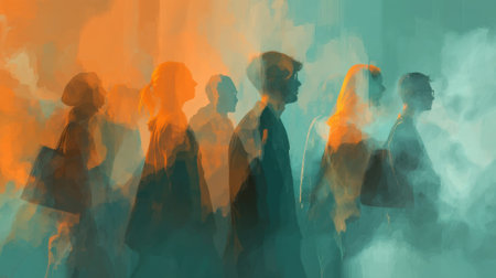 Abstract silhouettes of diverse adults in colorful motion.の素材