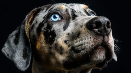 Close-up of merle dog with blue eyes on black background.の素材