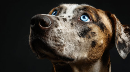 Close-up of dog with blue eyes against dark background.の素材