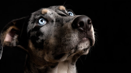 Close-up of a blue-eyed dog with marbled coat against black background.の素材