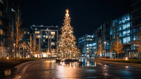 Illuminated christmas tree in urban nightscape with reflections and twinkling lights.の素材