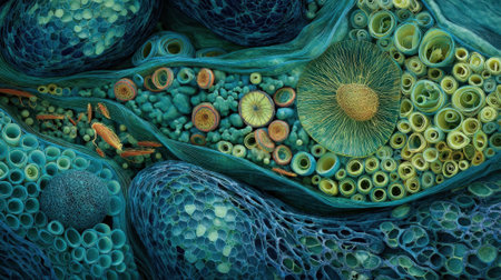 Abstract close-up of microscopic organisms in vibrant colors and textures.の素材