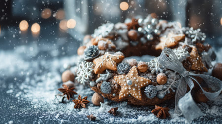 Festive winter wreath with cookies, pinecones, and snowflakes in snowy background.の素材