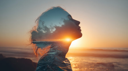 Silhouette of young caucasian female with ocean and sunset double exposure.の素材
