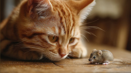 Curious ginger cat observing small mouse on wooden floor.の素材