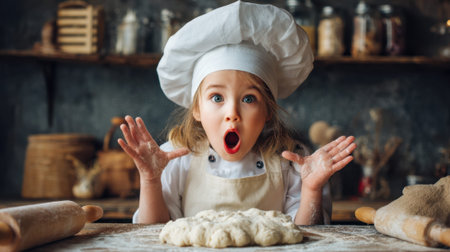 Surprised caucasian child chef in kitchen with dough and flour.の素材