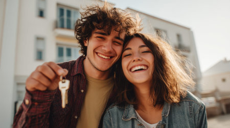Happy young caucasian couple celebrating new home purchase with key outdoors.の素材