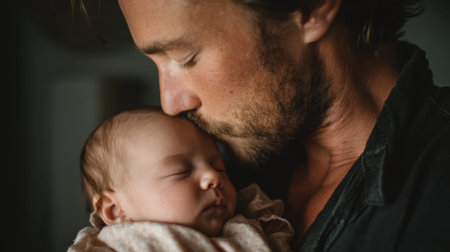 Caucasian young father cuddling sleeping baby daughter tenderly.の素材