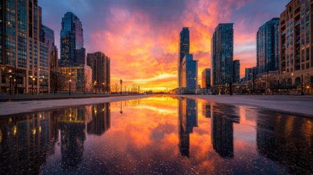 Vibrant urban sunset reflection in cityscape with skyscrapers and stunning sky.の素材