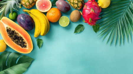 Tropical fruit variety: papaya, bananas, pineapple, and more on turquoise background.の素材