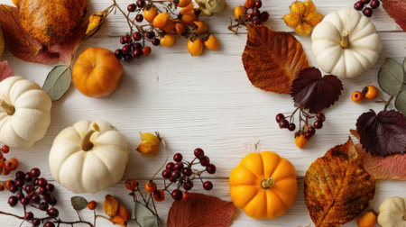 Autumn harvest arrangement with pumpkins and colorful leaves on wooden surface.の素材