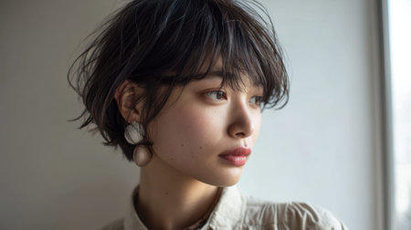 Young Asian female with short hair looking out the window.の素材