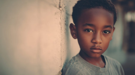 Thoughtful african male child leaning on concrete wall in soft light.の素材