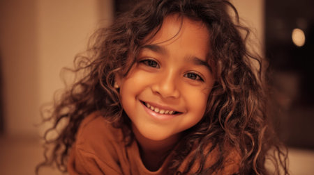 Smiling hispanic female child with curly hair and warm lighting.の素材