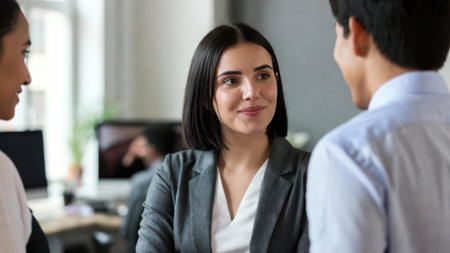 Young caucasian female professional interacting with colleagues in office setting.の素材