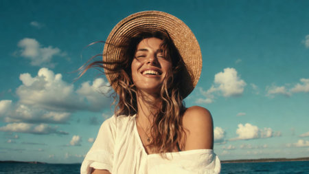 Joyful young caucasian female smiling on a sunny day.の素材