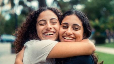 Two young hispanic females joyfully embracing outdoors with warm smiles.の素材