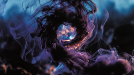 Enigmatic swirling purple and blue smoke floating in abstract twirl.の素材