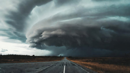 Imposing storm clouds loom over open road landscape.の素材