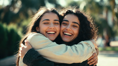 Two young caucasian females embracing outdoors with joyful smiles.の素材