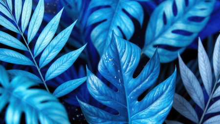 Vibrant blue tropical leaves with water droplets in lush foliage.の素材