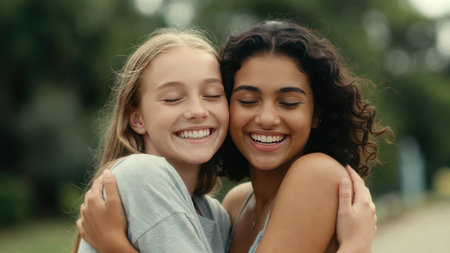 Teenage caucasian and hispanic girls hugging outdoors in joyful friendship.の素材