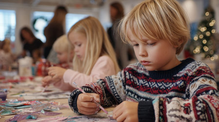 Caucasian children engaged in holiday crafts at a festive workshop event.の素材