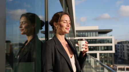 Young caucasian female enjoying coffee on modern office balcony.の素材
