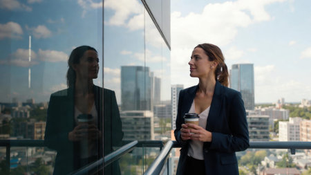 Caucasian female professional enjoys coffee on urban building balcony.の素材