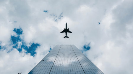 Airplane silhouette over city skyscraper against cloudy sky.の素材