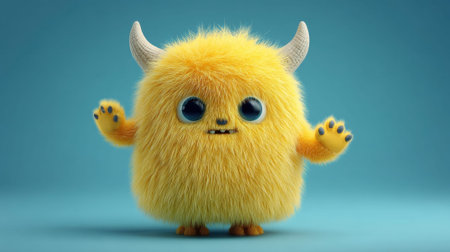 Cute yellow furry cartoon monster with horns and big blue eyes.の素材