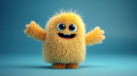 Cute yellow furry monster with big eyes and open smile on blue background.の素材