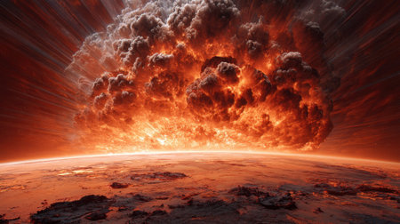 Massive fiery explosion over desolate landscape with dramatic clouds and intense lighting.の素材