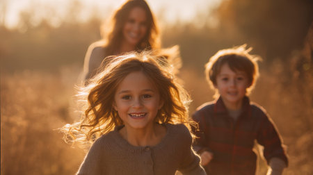 Joyful caucasian children running outdoors with smiling adult female in background.の素材