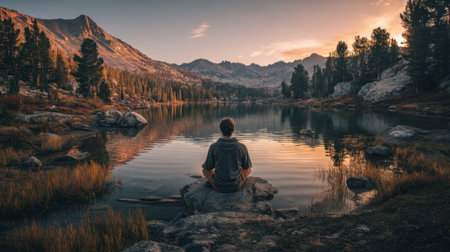 Young caucasian male enjoying serene mountain lake sunset landscape.の素材