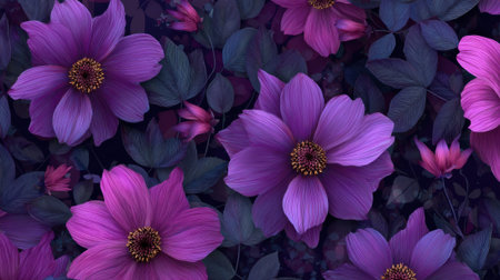 Vibrant purple flowers with dark foliage background.の素材