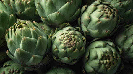 Close-up of fresh green artichokes showing texture and detail.の素材