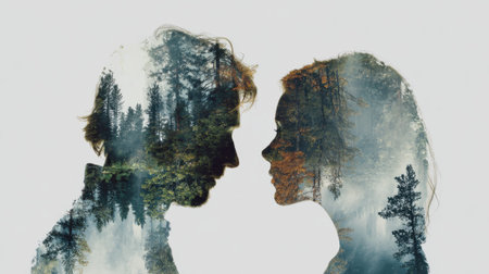 Double exposure of man and woman with forest landscape.の素材