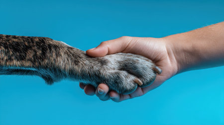 Human hand and dog paw symbolizing friendship on blue background.の素材