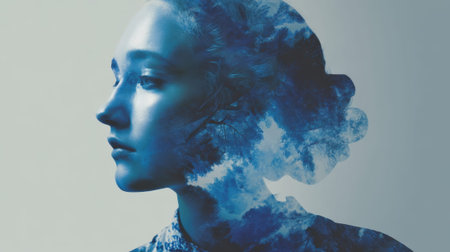 Surreal female portrait: blue double exposure with trees and sky.の素材