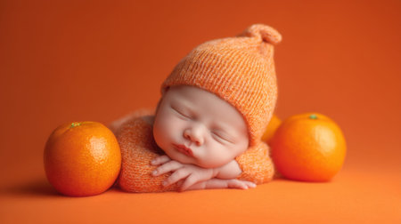 Peaceful sleeping baby in orange outfit with oranges on vibrant background.の素材