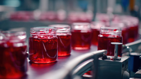 Jars of red jelly on conveyor belt in factory production line.の素材