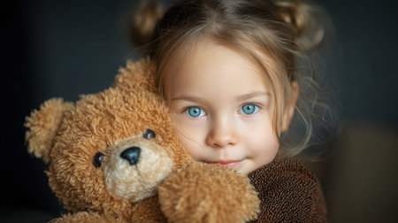 Young caucasian female child hugging toy bear with joyful expression.の素材