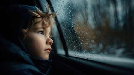 Pensive young male child gazing out rainy window.の素材